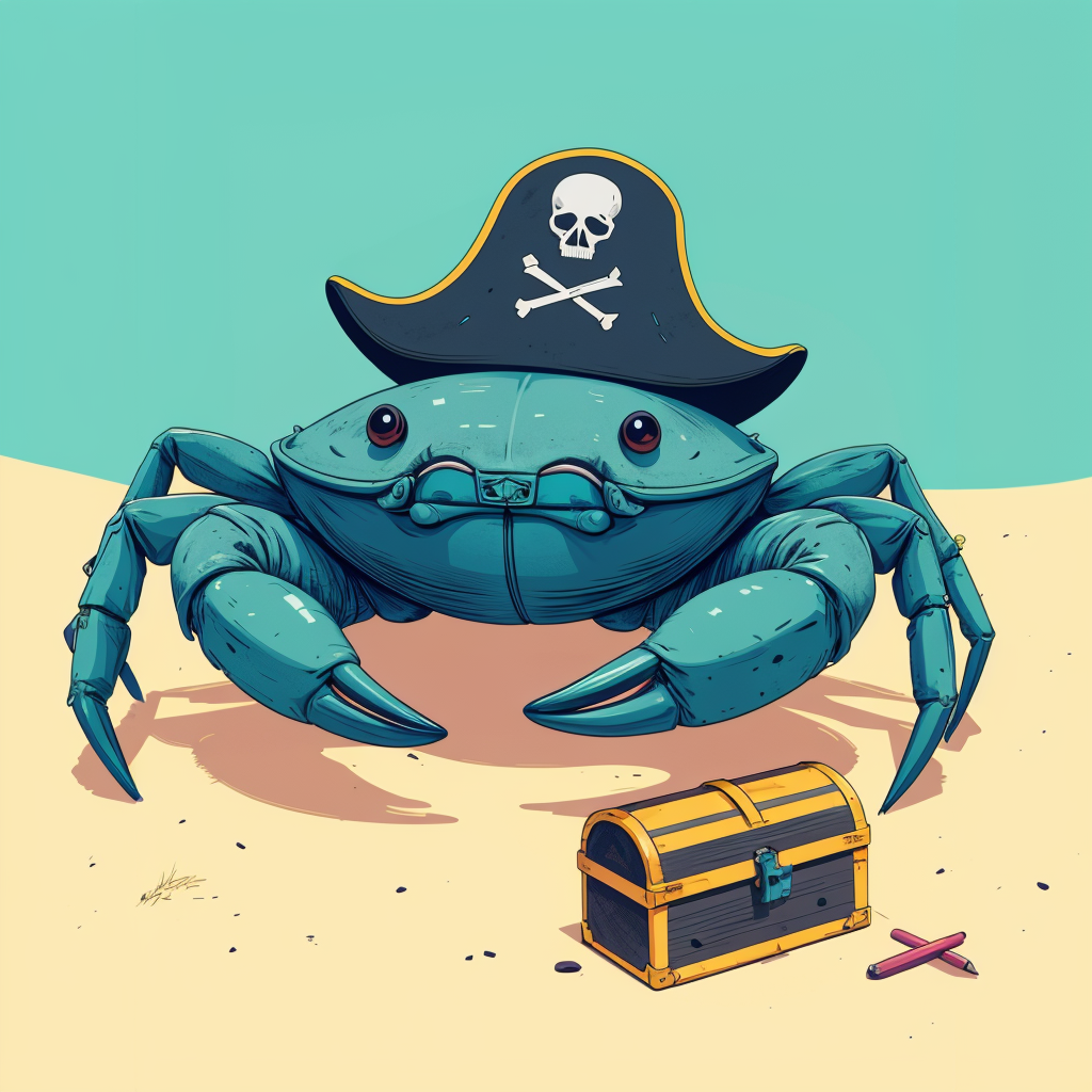 a cute crab with a pirate look with a small pirate hat and a small moustache