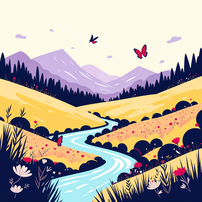 Mountains and forest at far background, grassland ms with flowers and floeing water stream on front background and butterflies flying around.