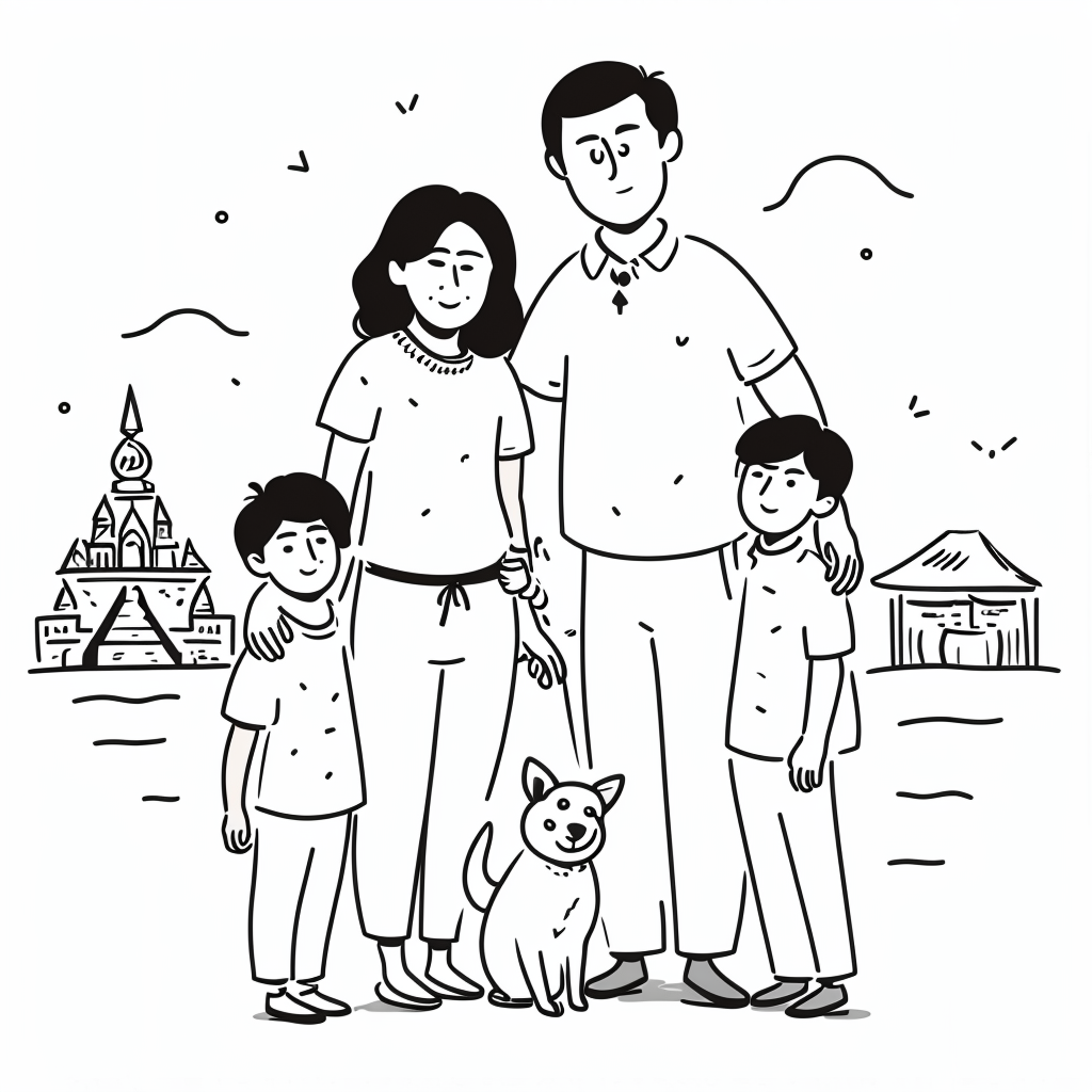 a family photo of Filipino in Thailand, consisting a father mother two sons and a chihuahua dog