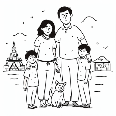 a family photo of Filipino in Thailand, consisting a father mother two sons and a chihuahua dog