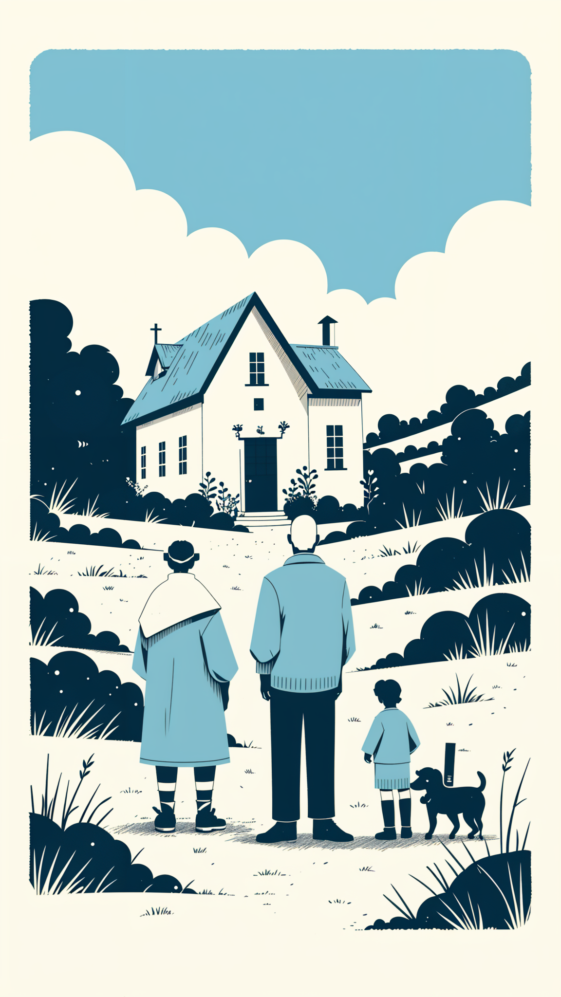 "Design a high-quality and detailed picture that features an old house as the backdrop. Include an elderly man and woman living there, with children playing cricket and enjoying time with a puppy in the foreground. Use a striking color palette blending warm and energetic tones to evoke a sense of nostalgia, community, and vibrancy. Select fonts that reflect both tradition and dynamism, creating a harmonious balance between timelessness and energy suitable for a heartfelt and lively design."