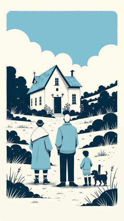 "Design a high-quality and detailed picture that features an old house as the backdrop. Include an elderly man and woman living there, with children playing cricket and enjoying time with a puppy in the foreground. Use a striking color palette blending warm and energetic tones to evoke a sense of nostalgia, community, and vibrancy. Select fonts that reflect both tradition and dynamism, creating a harmonious balance between timelessness and energy suitable for a heartfelt and lively design."