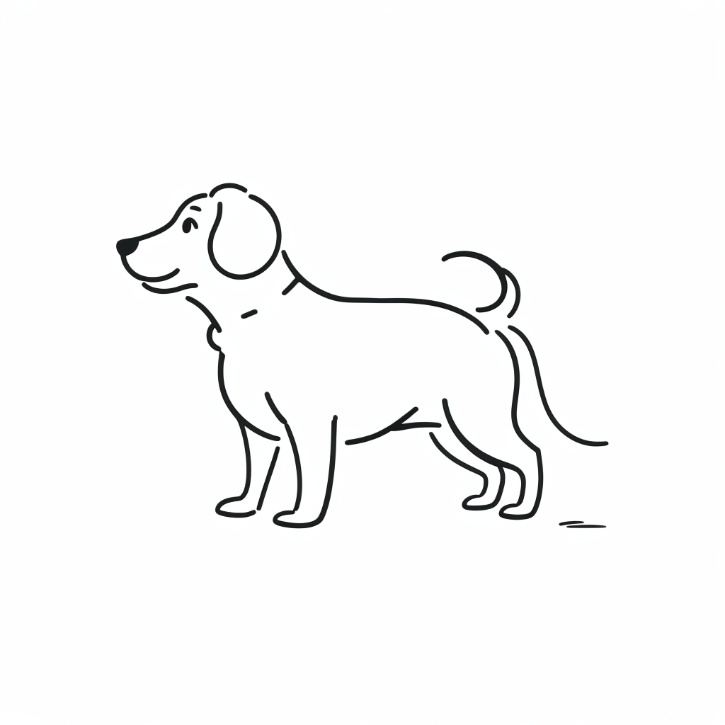 A flat illustration of a Dog minimalist style, clear and bold black outlines, no shading, white background, no colors, no textures, vector-art-like simplicity, symmetrical and clean design, precise line thickness, high contrast, and no 3D elements."