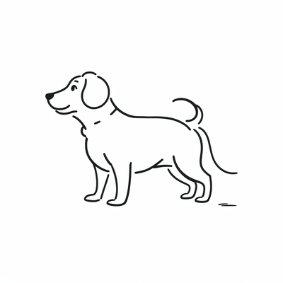 A flat illustration of a Dog minimalist style, clear and bold black outlines, no shading, white background, no colors, no textures, vector-art-like simplicity, symmetrical and clean design, precise line thickness, high contrast, and no 3D elements."