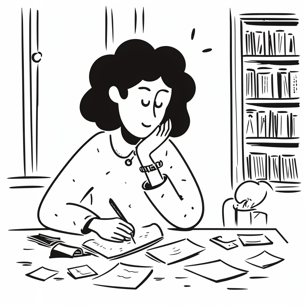A young author in a black-and-white sketch