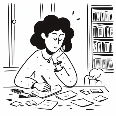 A young author in a black-and-white sketch