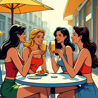 a group of women dressed fashionably sitting and enjoying a brunch in a busy city. The sun is shining and they are cheering to a mimosa.