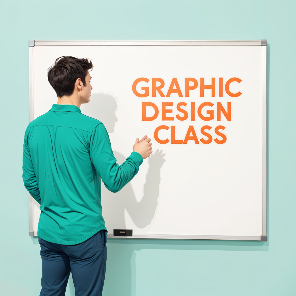 A teacher standing in front of a whiteboard that says “Graphic Design Class” in all capital letters