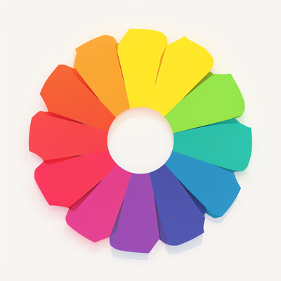 A vibrant and dynamic color wheel graphic with bold, evenly divided segments in a full spectrum of colors. The design features a clean, modern style with smooth gradients and a glowing effect at the center, creating a sense of energy and creativity. The background is minimal to emphasize the vividness of the wheel.