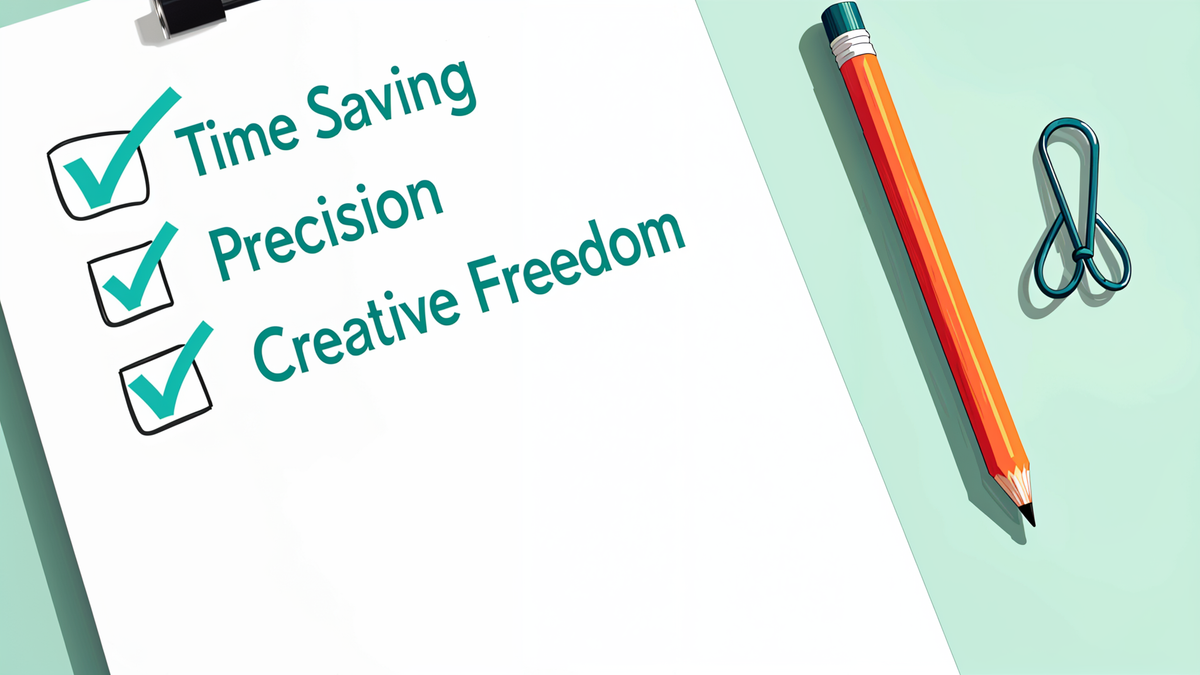 A checklist with "Time-Saving," "Precision," and "Creative Freedom" ticked off.