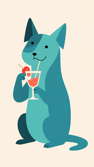A dog with a cocktail glass in its hand. The dog is sipping the cocktail.