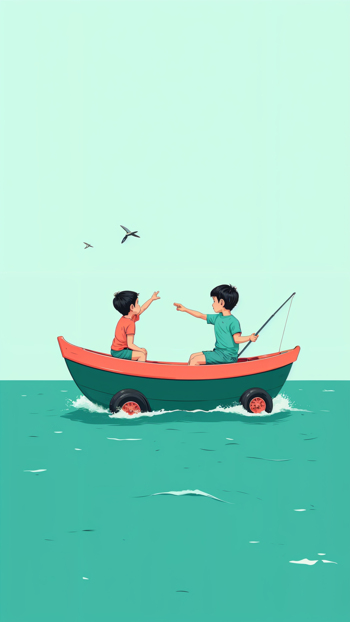 Two boys sitting on a boat with wheels on the sea