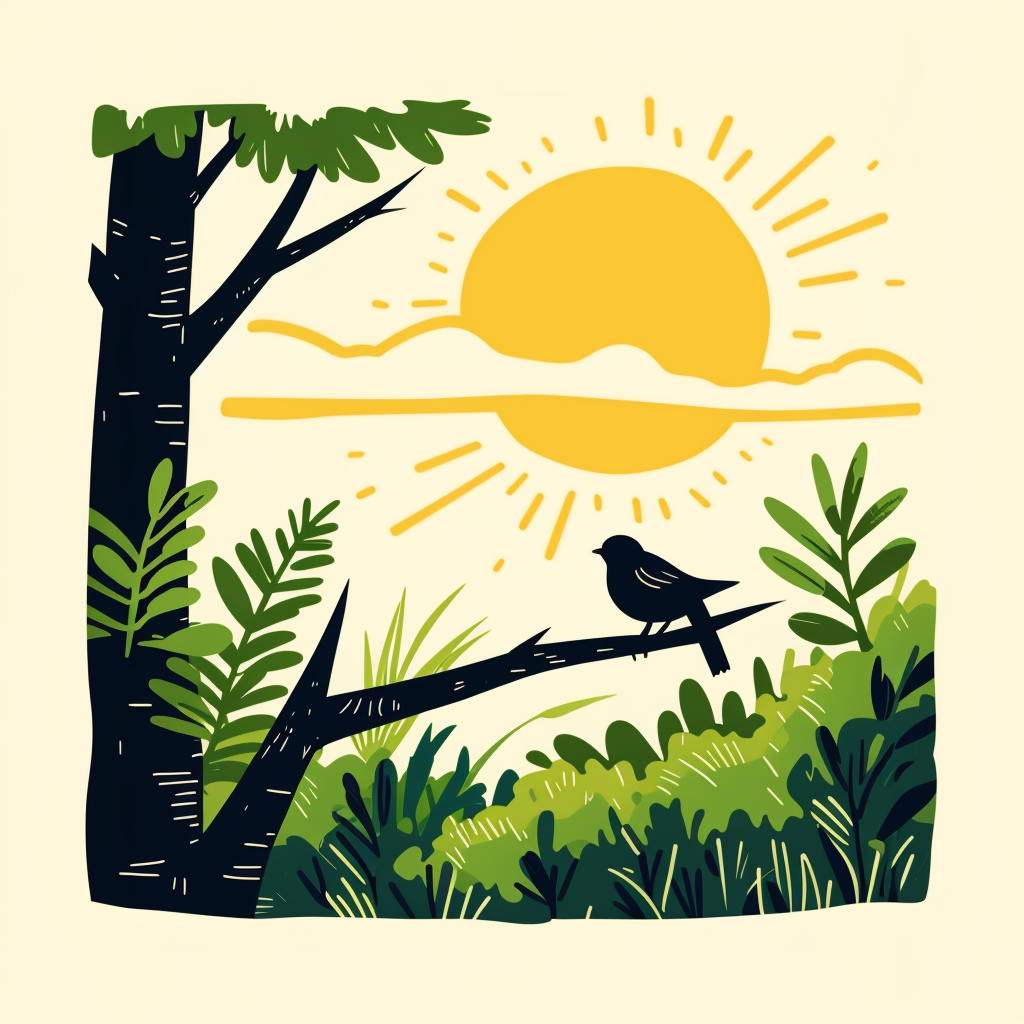 A bird perched on a branch, surrounded by leaves and a sunburst in the background.