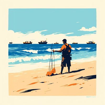 A fisherman casting a net, with waves and boats in the background.