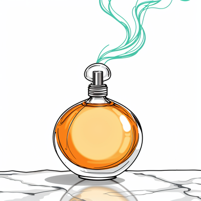 An elegant perfume bottle with ornamental details and swirling vapor lines