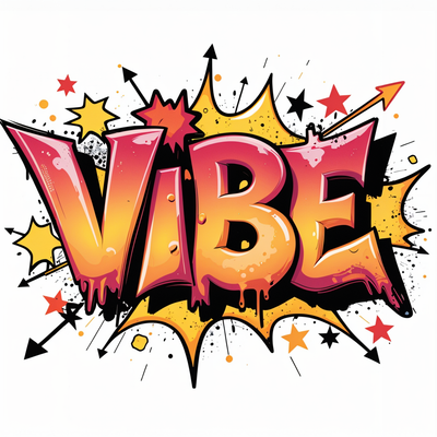The word ‘VIBE’ in thick, chunky bubble letters with a glossy airbrush effect, layered with comic-book halftones and surrounded by stars, arrows, and playful spray-painted accents.