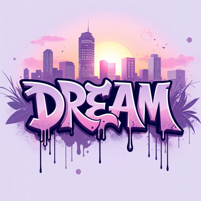The word ‘DREAM’ in surreal pastel-colored text with a glitch effect, dripping paint, and soft gradient tones, floating over a stylized Miami skyline at sunset