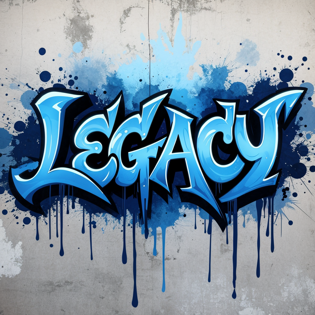 The word ‘LEGACY’ in elegant gothic-inspired letters fused with urban street elements, featuring sweeping curves, harsh ink splatters, and a grunge-style texture in the background