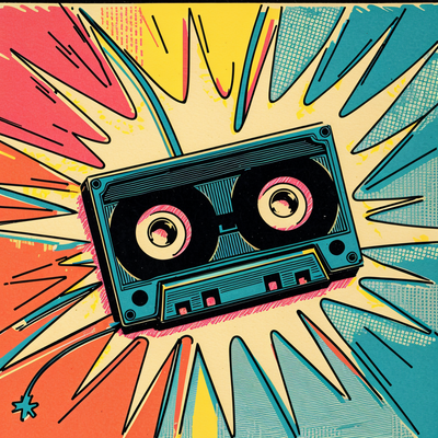 A vintage cassette tape unraveling into abstract sound waves and glitch effects.