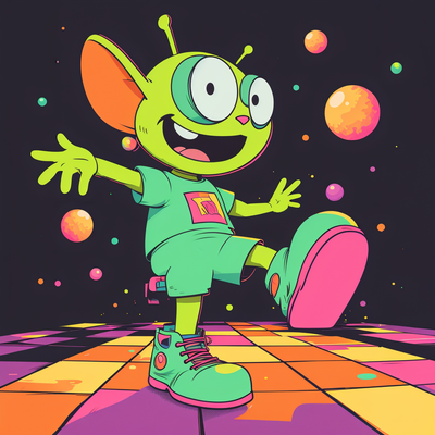 A goofy, wobbly-eyed alien dancing with oversized sneakers and a funky disco pose.