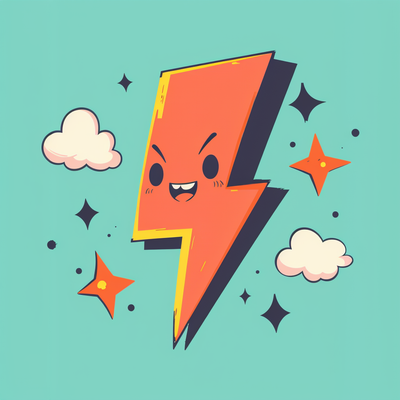 A squiggly, hand-drawn lightning bolt with a mischievous face and playful energy bursts.