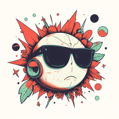A floating eyeball wearing sunglasses, surrounded by random doodles and abstract shapes.