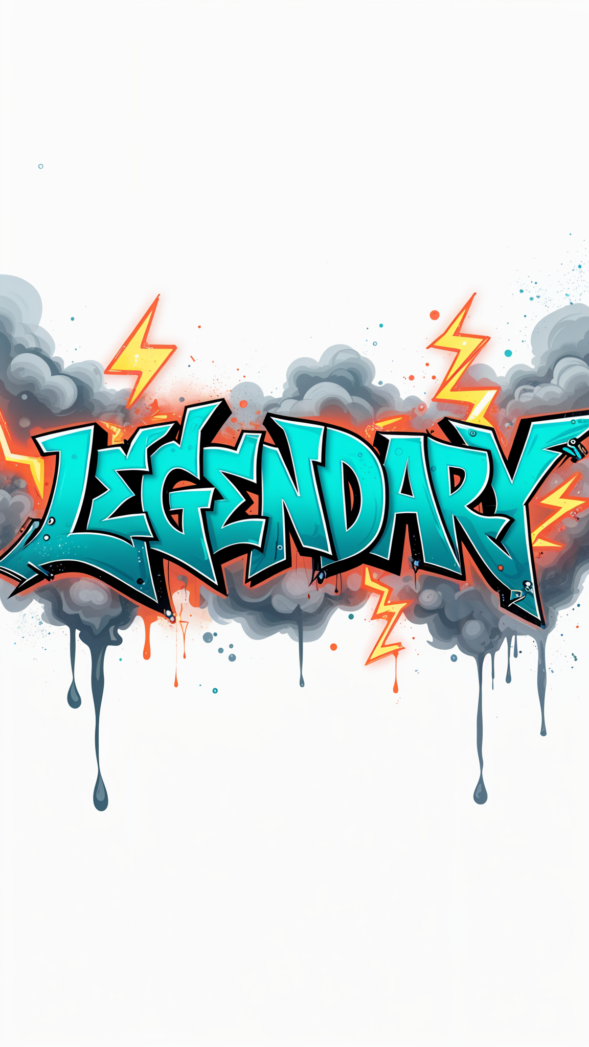 ‘LEGENDARY’ in massive 3D block letters, wrapped in swirling smoke and lightning bolts for an epic streetwear look