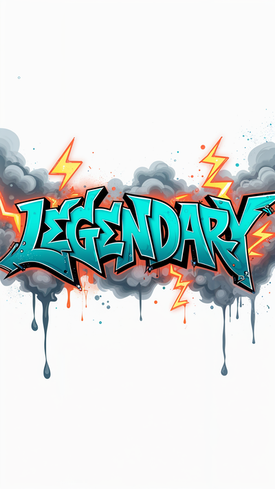 ‘LEGENDARY’ in massive 3D block letters, wrapped in swirling smoke and lightning bolts for an epic streetwear look