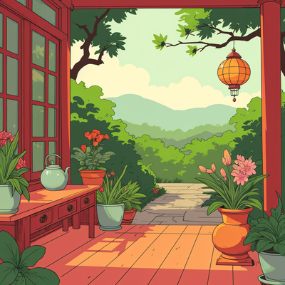 east asian architecture,architecture,plant,tree,lantern,flower,garden,potted plant,table,sunlight,outdoors,blurry,vase,day,wooden floor,shelf,teapot,lamp