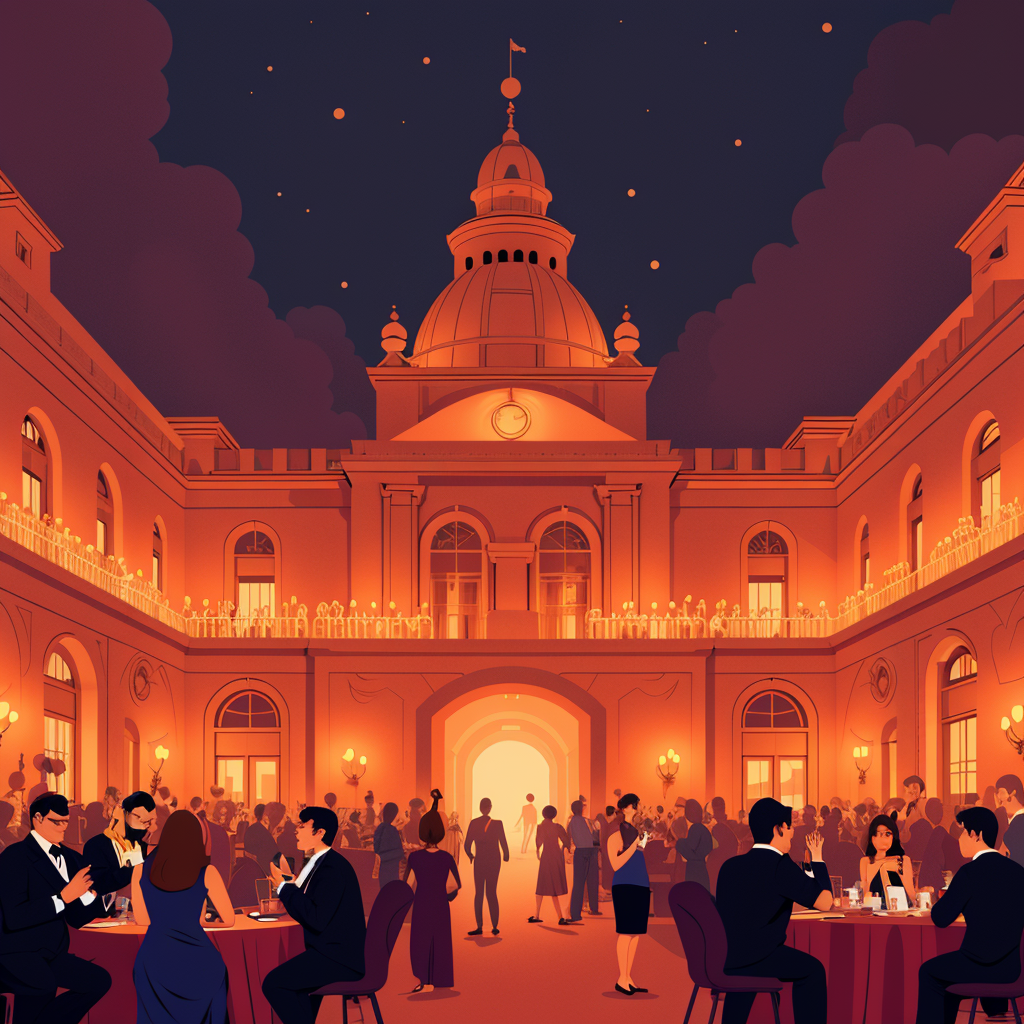 A magnificent French palace illuminated with thousands of candles. Elegant guests in luxurious outfits are engaged in music, dance, and poetry. The scene is vibrant yet carries an undercurrent of tension.