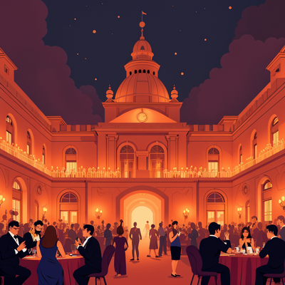 A magnificent French palace illuminated with thousands of candles. Elegant guests in luxurious outfits are engaged in music, dance, and poetry. The scene is vibrant yet carries an undercurrent of tension.