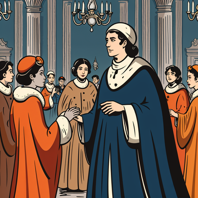 "A Renaissance-era Italian court with beautifully decorated walls and chandeliers. Baldassare Castiglione, a well-dressed and intelligent-looking nobleman, stands among other courtiers, observing the prince while subtly smiling. His posture reflects wisdom and patience."
