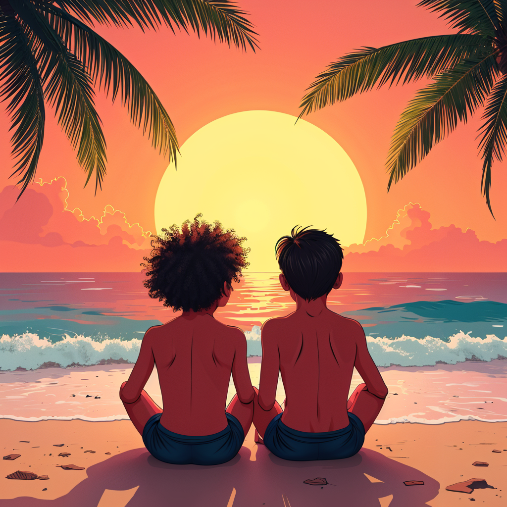 two mixed race brothers sitting on a beach watching the sun go down in Jamaica