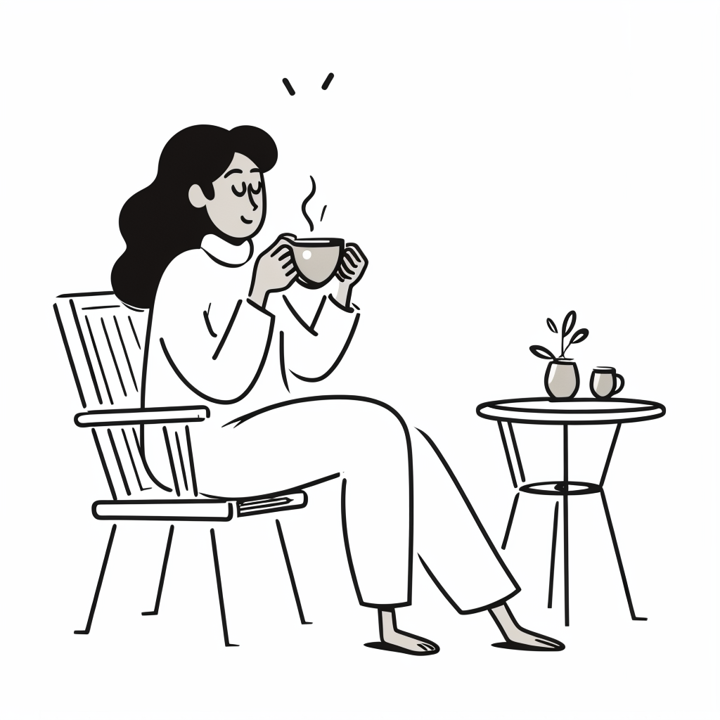 A woman sitting on a chair drinking coffee