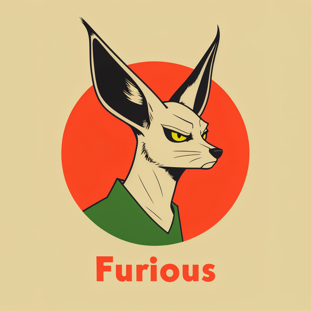 Create a minimalist logo in a circle featuring the Fennec fox, a national symbol of Algeria also use the color of the algerian flag  the green red and white The design should be sleek, modern, and simple, using clean lines and subtle details to represent the fox's distinctive large ears and agile posture. The word 'Furious' should be integrated into the design with a bold, stylish font that complements the minimalist aesthetic. The color scheme should be monochrome or include earthy tones like sand, brown, or desert gold, ensuring a professional and striking look. The overall feel should convey speed, agility, and determination."add an agressiv eye look add glow  green , red and white colors at the final result