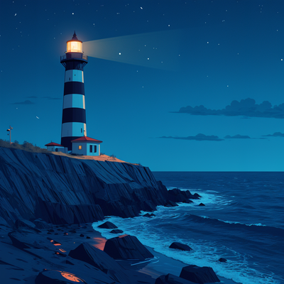 A black and white striped lighthouse stands on a rocky cliff, casting its warm light into the starry night. The deep blue sky is dotted with stars, while the calm sea reflects the glow of the lantern. The foreground features wet, detailed rocks partially submerged in the water, adding realism to the scene. The soft lighting creates a striking contrast between the lighthouse's illumination and the surrounding darkness, evoking a serene and atmospheric mood.