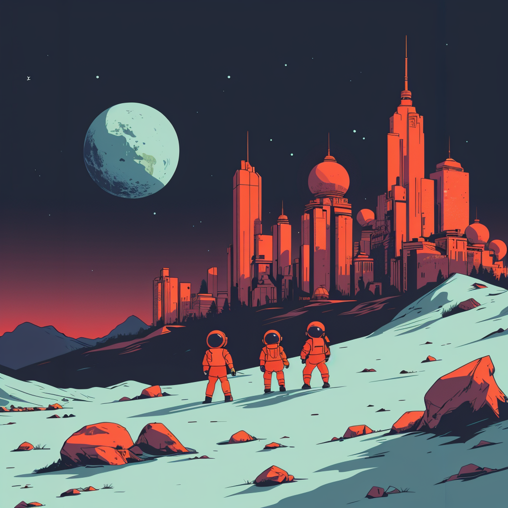 a cityscape on the moon with 3 astronauts in dawn lighting