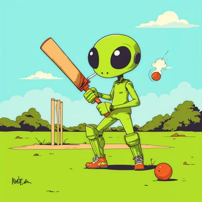 an alient playing cricket while smoking cigrate