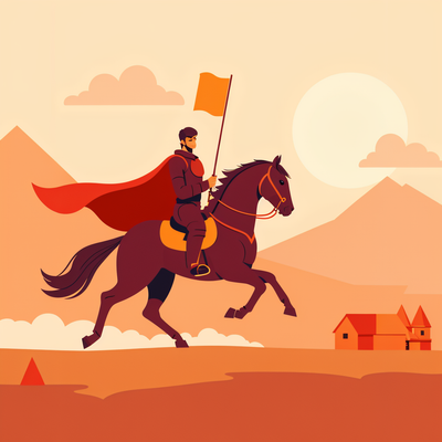 Create a image of an hero coming on horse to give his introduction