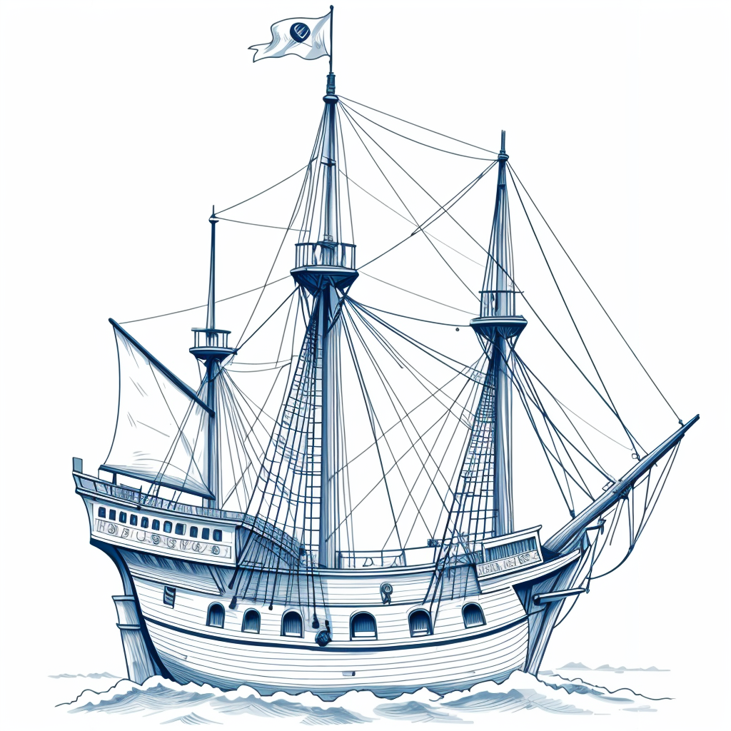 blueprint style line art of a front view of a highly detailed Pirate ship on a white background like put on display