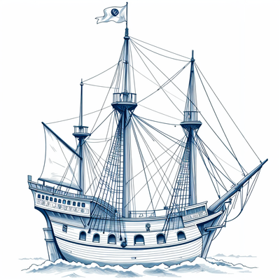 blueprint style line art of a front view of a highly detailed Pirate ship on a white background like put on display