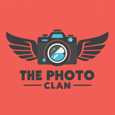 a camera in the center with a shutter leafs in the lens. Camera is surrounded by wings in pilot style. The name appearing in the logo is "The Photo Clan"