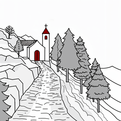 a road leading to a church on a mountainside, surrounded by trees