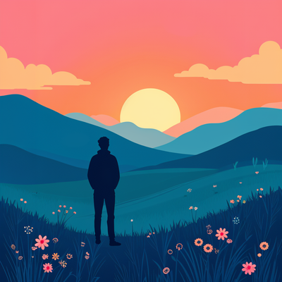 A sunset in valley and a man standing
