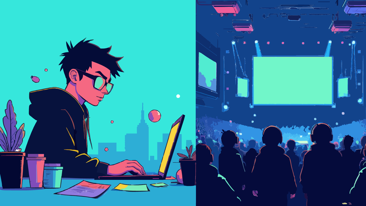 left side a nerd coding, right side some esport big competition