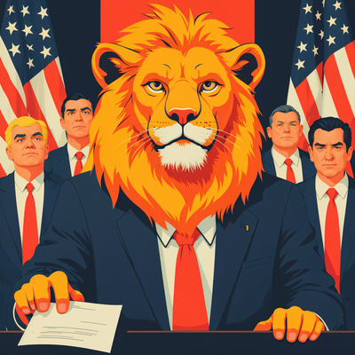 President Lion of America voting for his people in the Parlament as the president of America with the national flag of America.