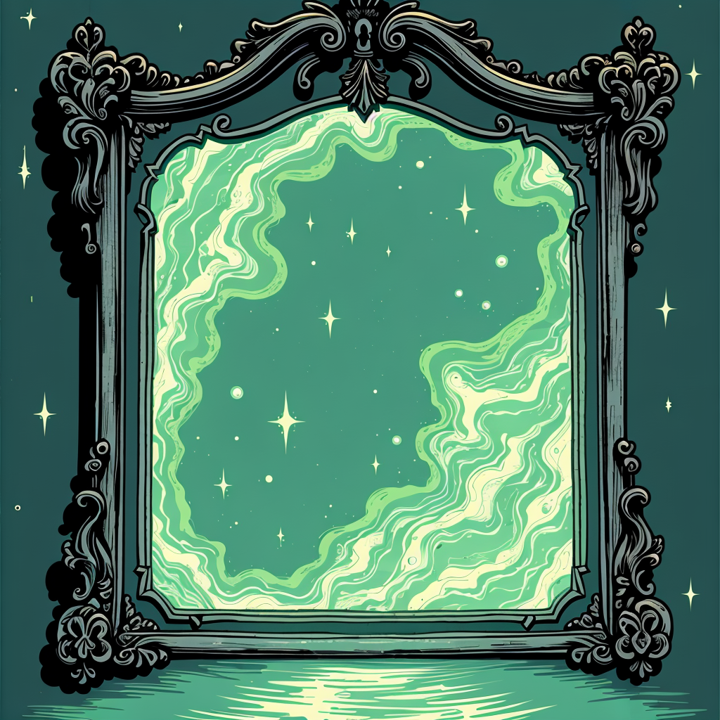 "A close-up of a tarnished Victorian mirror with a mercury-like swirling surface, glowing portals showing three alternate lives (CEO Zoya in a sterile office, Artist Zoya in a Paris studio, Mother Zoya in a farmhouse). Surreal and haunting, inspired by Remedios Varo’s magical realism, foggy ambiance, deep blues and silvers."
Key Symbols: Cracks on the mirror, liquid moonlight.