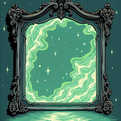 "A close-up of a tarnished Victorian mirror with a mercury-like swirling surface, glowing portals showing three alternate lives (CEO Zoya in a sterile office, Artist Zoya in a Paris studio, Mother Zoya in a farmhouse). Surreal and haunting, inspired by Remedios Varo’s magical realism, foggy ambiance, deep blues and silvers."
Key Symbols: Cracks on the mirror, liquid moonlight.