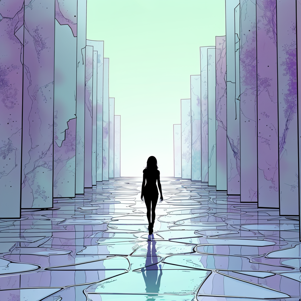 "Zoya stands in an infinite void of shattered mirrors, ghostly neon-blue versions of herself (CEO, Artist, Mother) circling her. Abstract cyberpunk surrealism, Beeple-inspired digital art, neon lights and deep purples. Floating shards reflect her real life."
Key Symbols: Infinite mirrors, ghostly doubles.