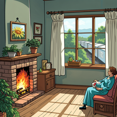 “A cozy farmhouse kitchen at dusk, a woman rocking a baby near a fireplace, a passing train visible through the window, shadow of her younger self waving from the train, nostalgic illustration style, Ghibli-inspired warmth, earthy greens and browns.”
Key Details: Locked trunk labeled “Dreams” under the window.